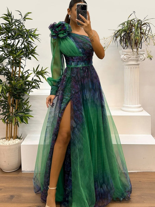 Sloping Shoulders Mesh Printed Reunion Maxi Dresses