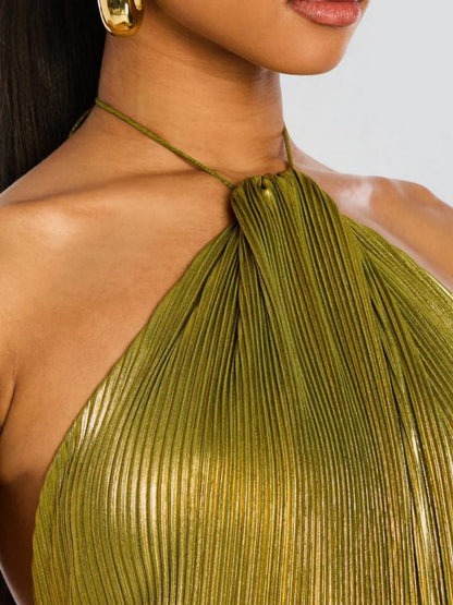 Metallic Halter Neck Style Crimp Slit Thin Strap Sleeveless Backless Cocktail Party Parties Formal Dress Long Dress