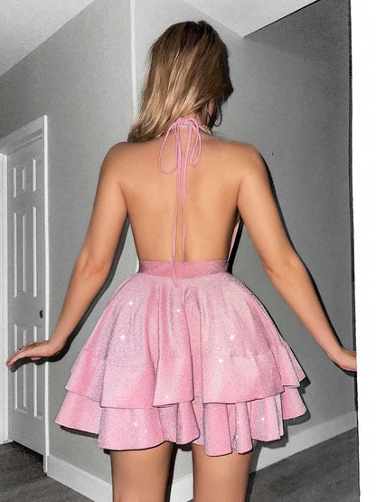 Sequins Deep V-neck Ruffles Tutu Mini&Short Dresses