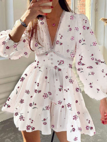 Floral Lace Deep V-neck Waist Puff Sleeve Sweet Mini&Short Dresses