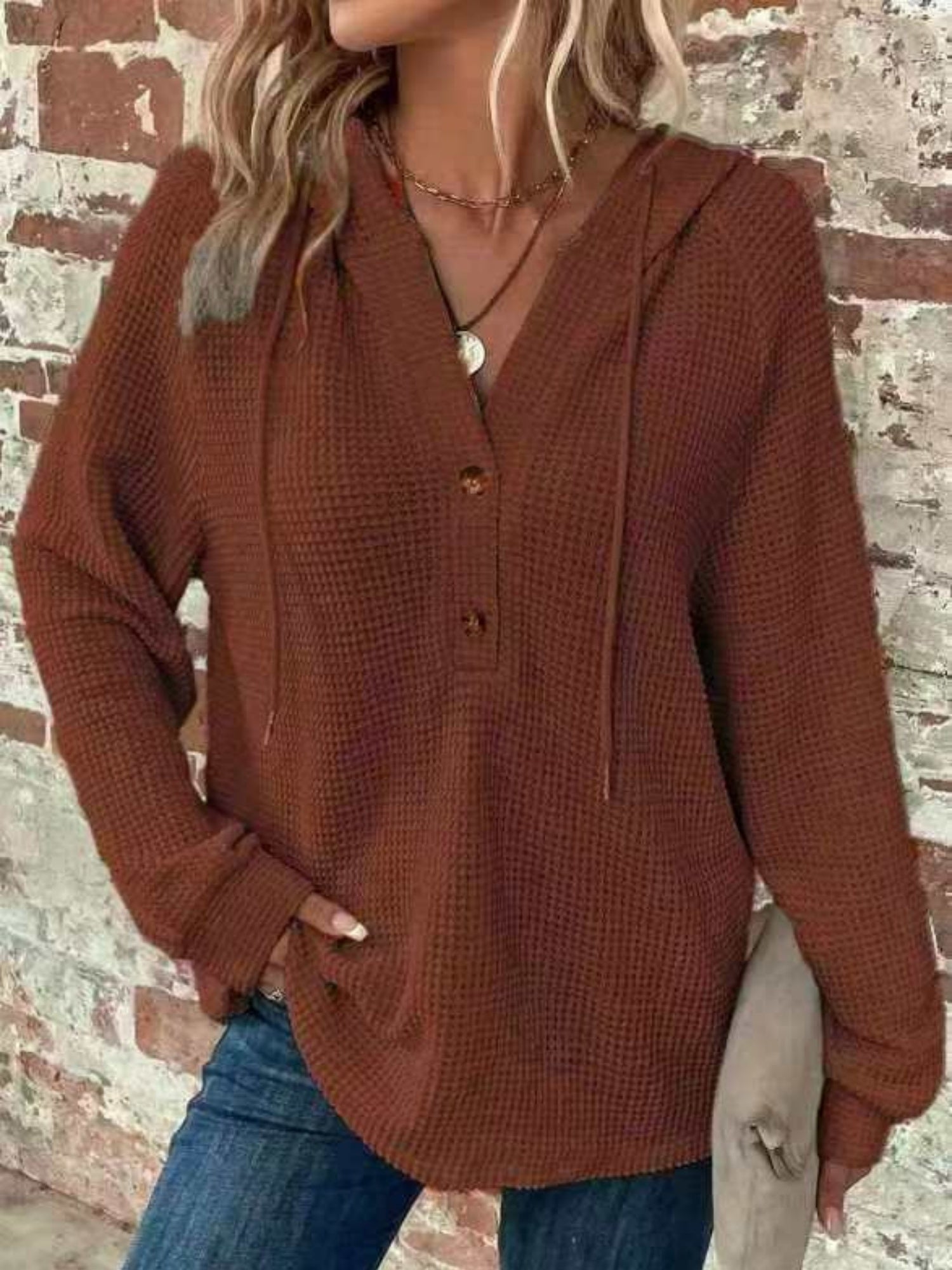 Waffle Drawstring Buttons V-neck Long Sleeve Hoodie