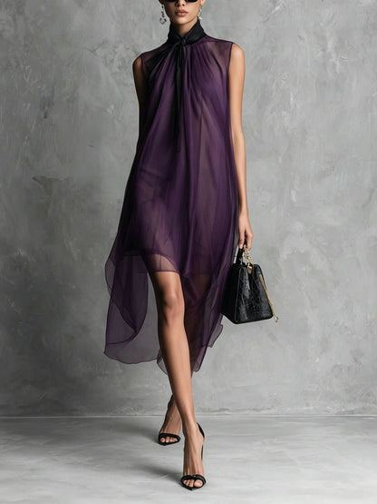 High-neck, Tie-up, Sleeveless Chiffon Dress With Bow Solid Color Irregular Midi Dress