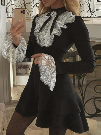 Velvet Black Lace Stitching Waist Mini&Short Dresses