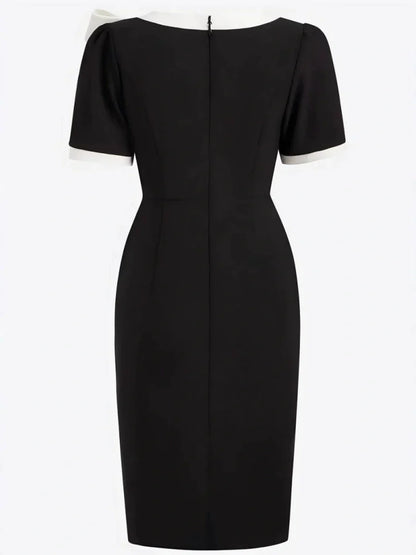 Crew Neck Bow Contrasting Colors Slim Fit Banquet Formal Dress For The Workplace Midi Dresses