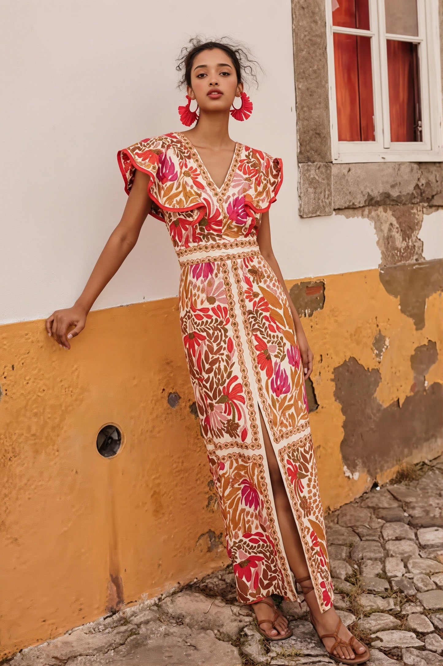 Floral Ruffle Slit Back V Boho Dress