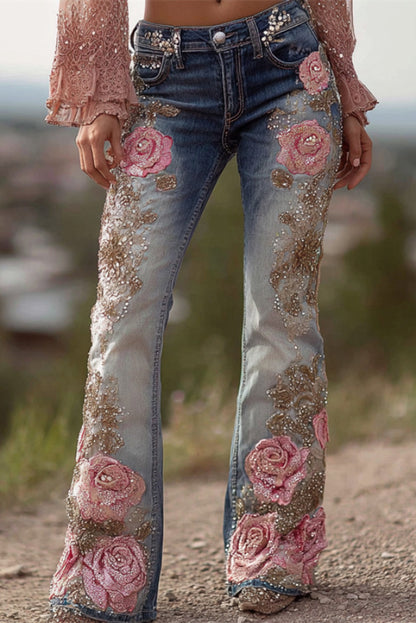 Floral Printed High-waisted Pocket Casual Flared Jeans