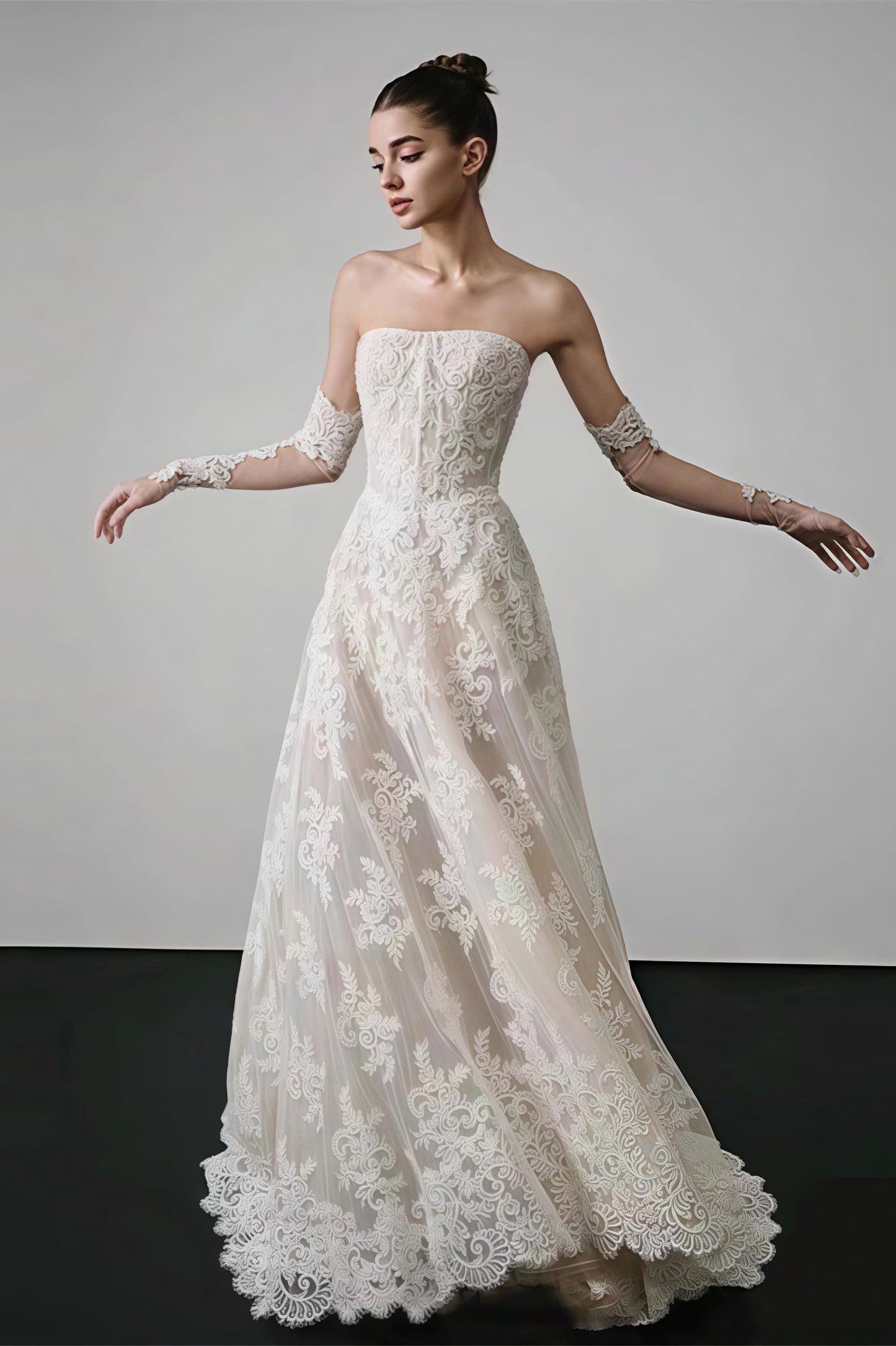 Vintage Lace Bandeau Floral Print Reception Dress