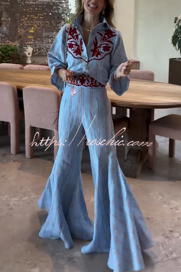 Delirio Linen Blend Floral Embroidery and Stripes Print High Rise Flare Hem Pants