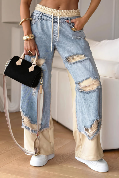 Tie Spliced Ripped Casual Straight Jeans