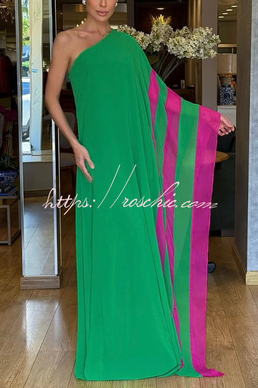 Fashionable Vacation Chiffon Color-blocked One Shoulder Loose Maxi Dress