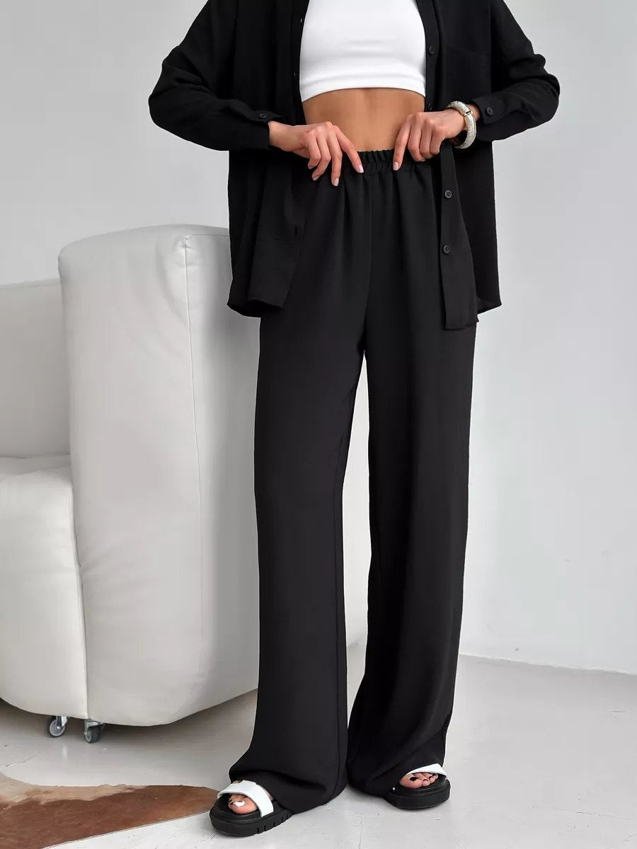 Solid Color Cardigan With Pockets, Casual Wide-leg Trousers 2-piece Sets