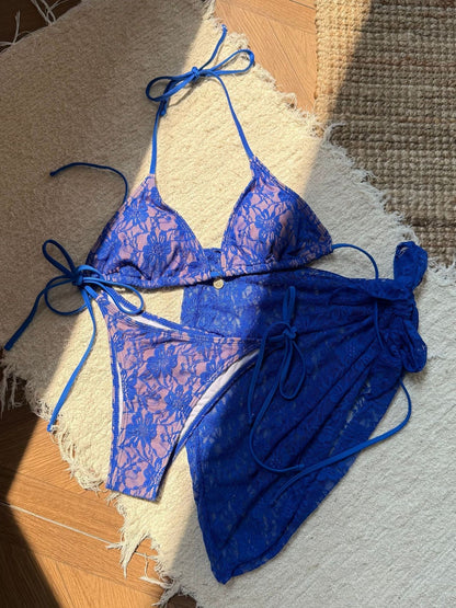 Lace Mesh Mini Skirt Swimsuit Bikini Three-Piece Set