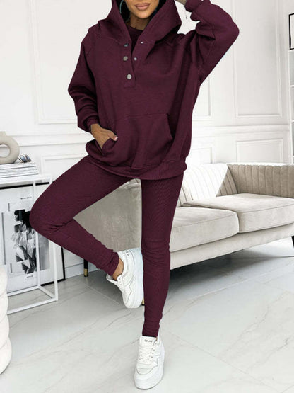 Sporty Casual Hoodie Sweatshirt, Ribbed Slim Fit Vest And Pants Three-piece Set