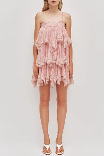 Ophelia Layered Lace Trim Tiers Adjustable Straps Backless A-line Mini Dress