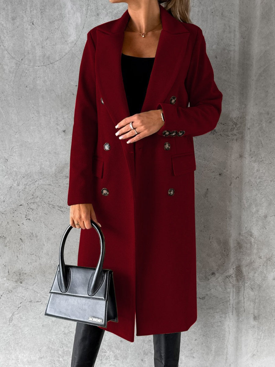 Long Sleeves, Lapel, Solid Color, Double-breasted, Slim Fit Coats