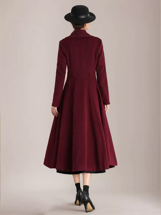 Burgundy Woolen Flared Coat Vintage Shawl Collar Double-breasted Winter A-line Outerwear For Women 2026