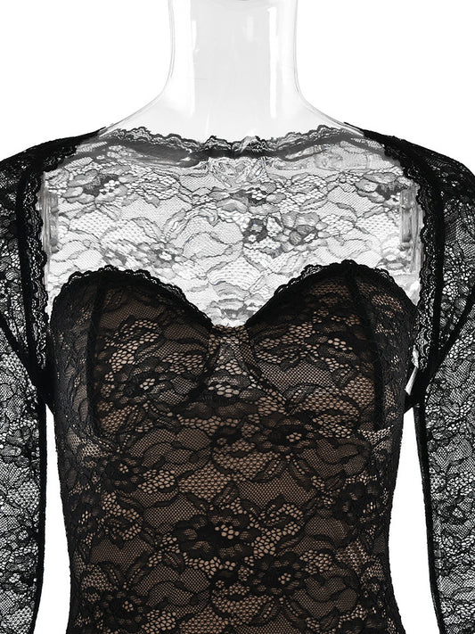 Elegant Black Floral Lace Shrug Maxi Dress Bodycon Evening Gown For Women 2026