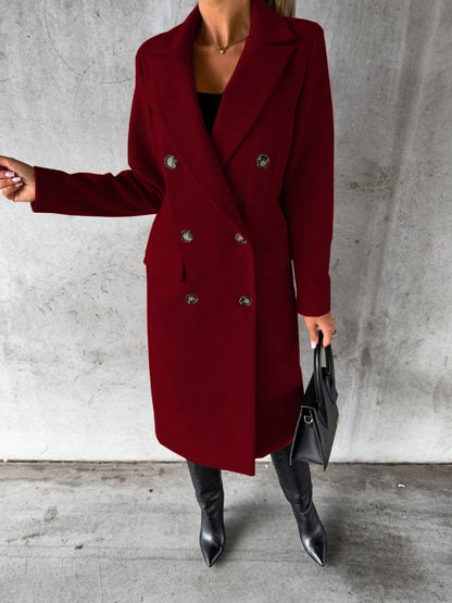 Long Sleeves, Lapel, Solid Color, Double-breasted, Slim Fit Coats