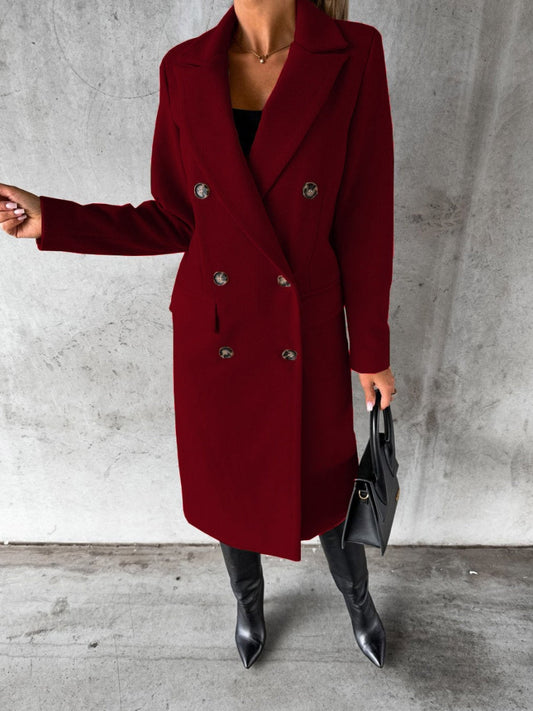 Long Sleeves, Lapel, Solid Color, Double-breasted, Slim Fit Coats