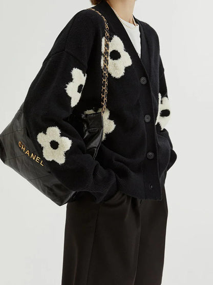 Jacquard Knit V-Neck Cardigan