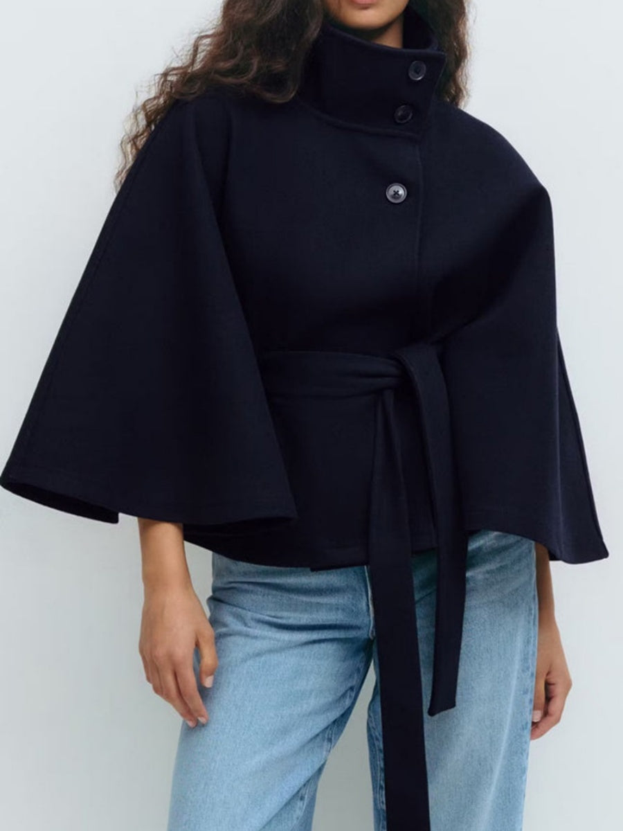 Solid Color Cape With Stand Collar, Button Belt And Short Style Coats