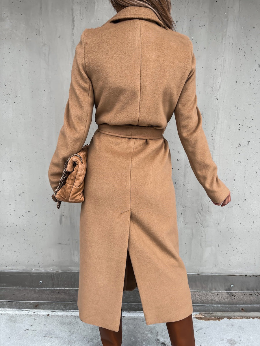 Solid Color Lapel Long Sleeve Woolen Simple Tie Coats