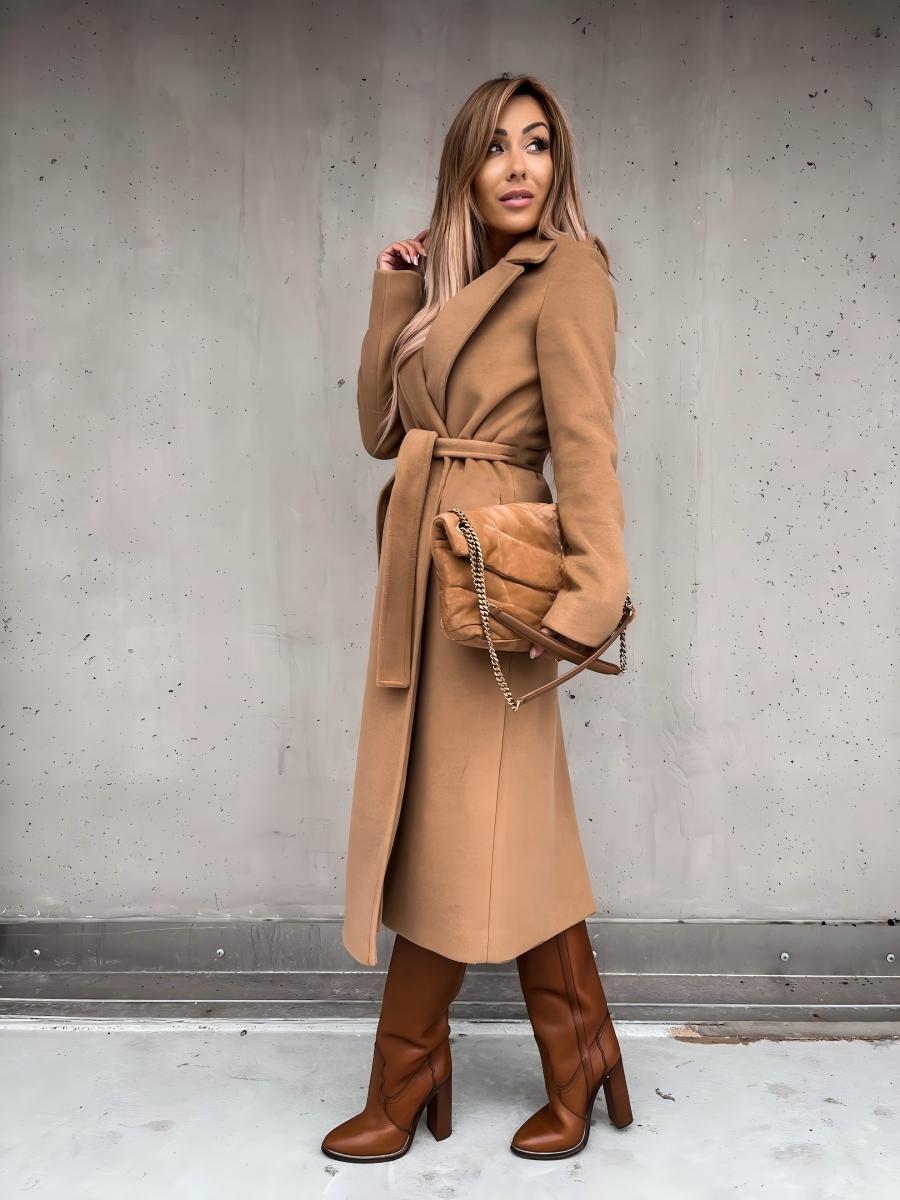 Solid Color Lapel Long Sleeve Woolen Simple Tie Coats