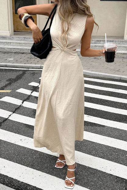Solid Color Round Neck Sleeveless Hollowed-out Waist Knot Casual Maxi Dress