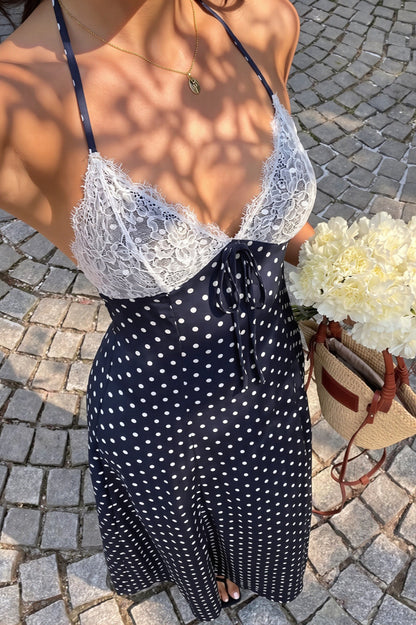 Elegant Polka Dot Halter Lace Spliced Back Tie Slimming Maxi Dress