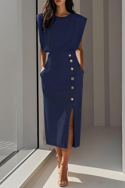Solid Color Round Neck Sleeveless Button Slit Midi Dress