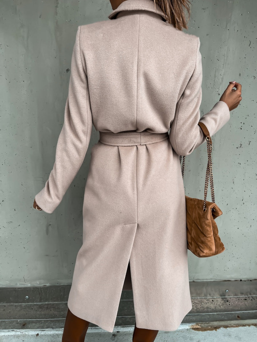 Solid Color Lapel Long Sleeve Woolen Simple Tie Coats