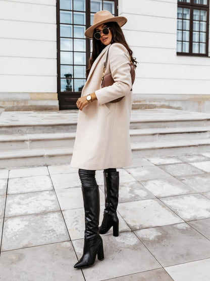 Solid Color Lapel Mid-length Button Wool Coat