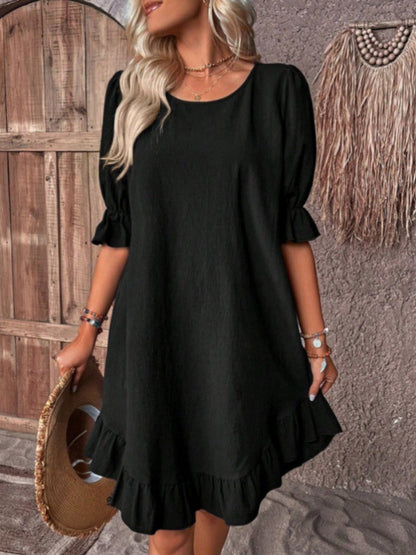 Ruffle Puff Sleeve Round Neck And Full Skirt Mini&Short Dresses