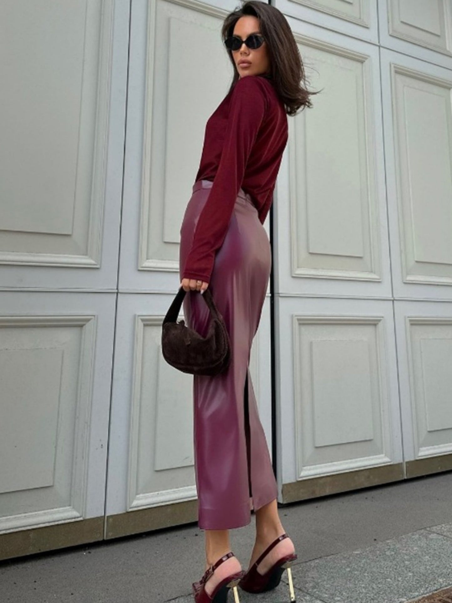 Leather Stitching High-waisted Slim Fit Hip Body Side Slit Long Skirts