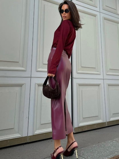 Leather Stitching High-waisted Slim Fit Hip Body Side Slit Long Skirts
