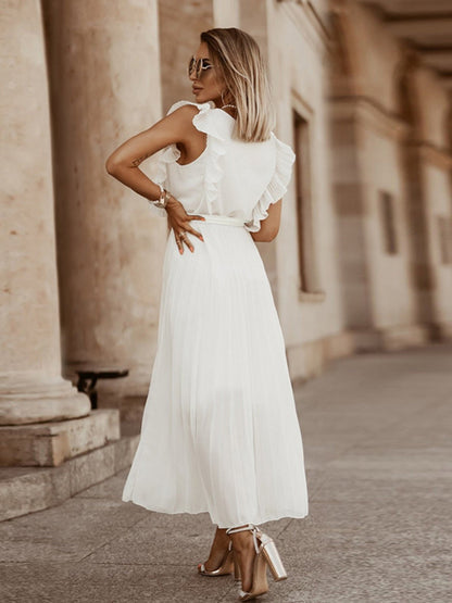 Lotus Leaf Sleeves Bow Chiffon Pleats Vacation Style Maxi Dresses