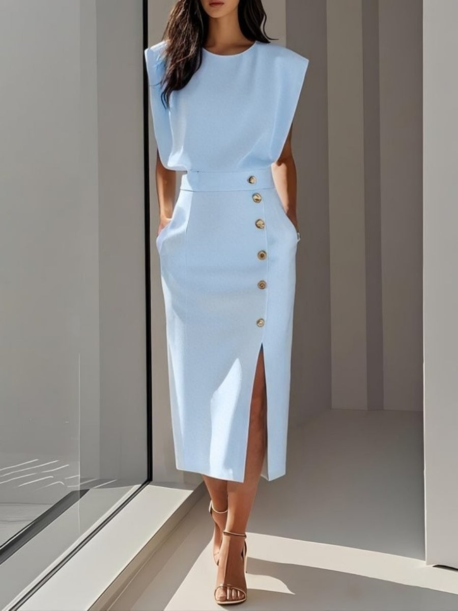Crew Neck Waist Slit Metal Buttons Sleeveless Midi Dresses