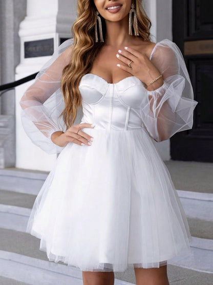 Sequins Heart-shaped Neckline Mesh Balloon Sleeve Sweet Mini&Short Dresses