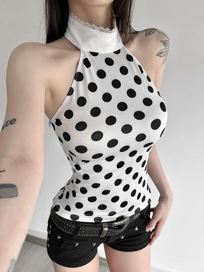Polka Dots Halter Neck Waist Shaping Lace Patchwork Trim Tank Tops&Camis