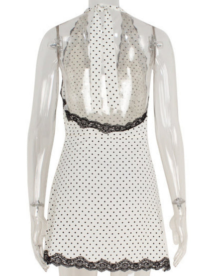 Polka Dots V-neck With Lace Trim Halter Neck And Backless Mini&Short Dresses
