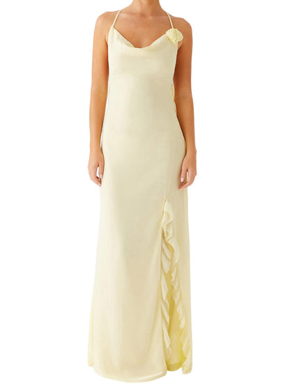 3D Flowers Backless And Slit V-neck Suspenders Maxi Dresses