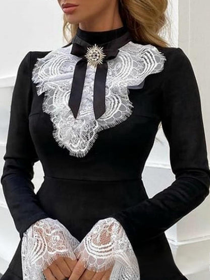 Velvet Black Lace Stitching Waist Mini&Short Dresses