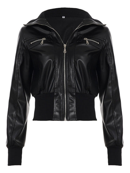 PU Leather Lapel Pocket Patchwork Slim Fit Jackets