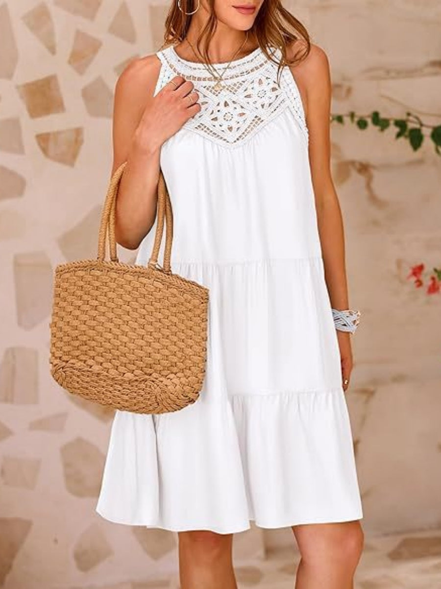 Loose-fit Trim Hollow Lace Halter Mini&Short Dresses