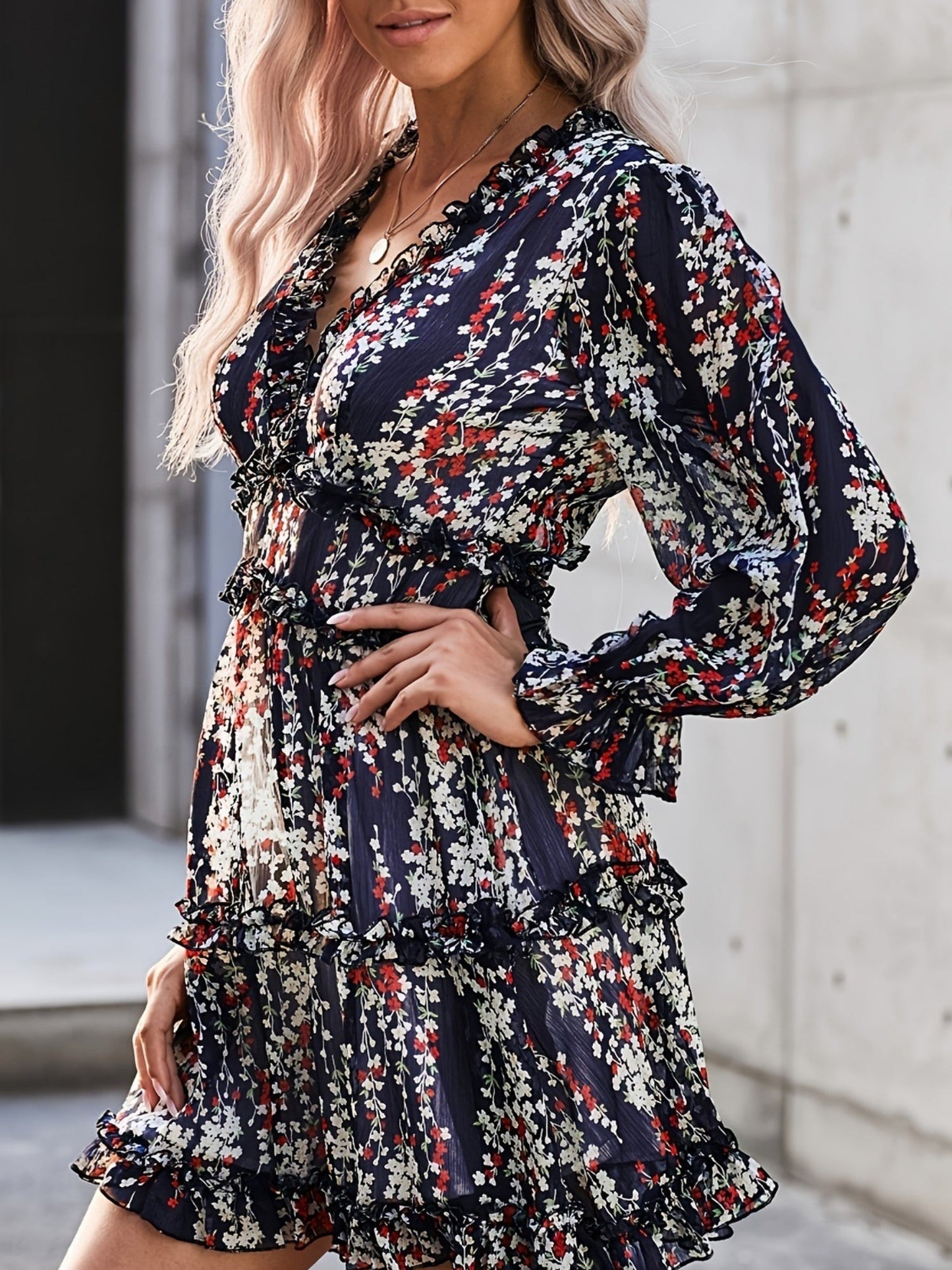 Floral Lace Deep V-neck Waist Puff Sleeve Sweet Mini&Short Dresses