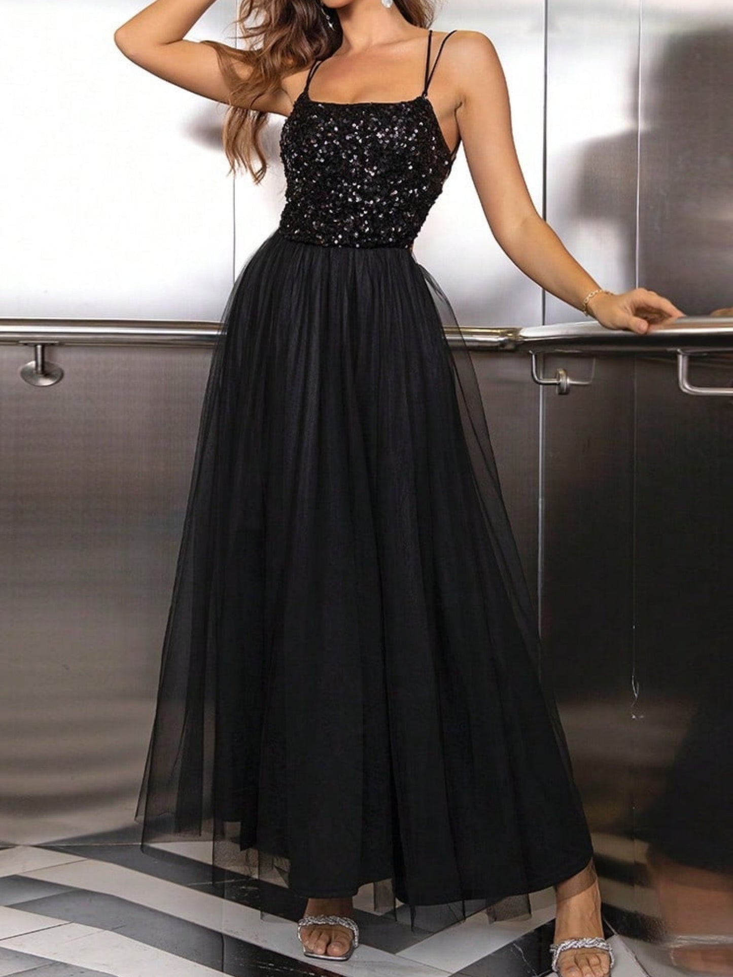 Sequins Mesh Splicing Suspenders Sweet Maxi Dresses