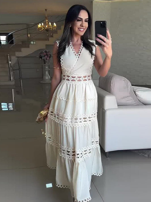 Openwork Embroidery V-neck Slimming Maxi Dresses