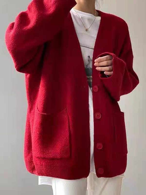 Solid V Neck Breasted Knit Cardigan