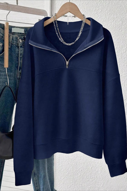 Solid Half Zip Loose V-Neck Sweatshirts