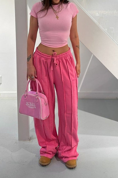 Solid 3D Line Loose Drawstring Pants